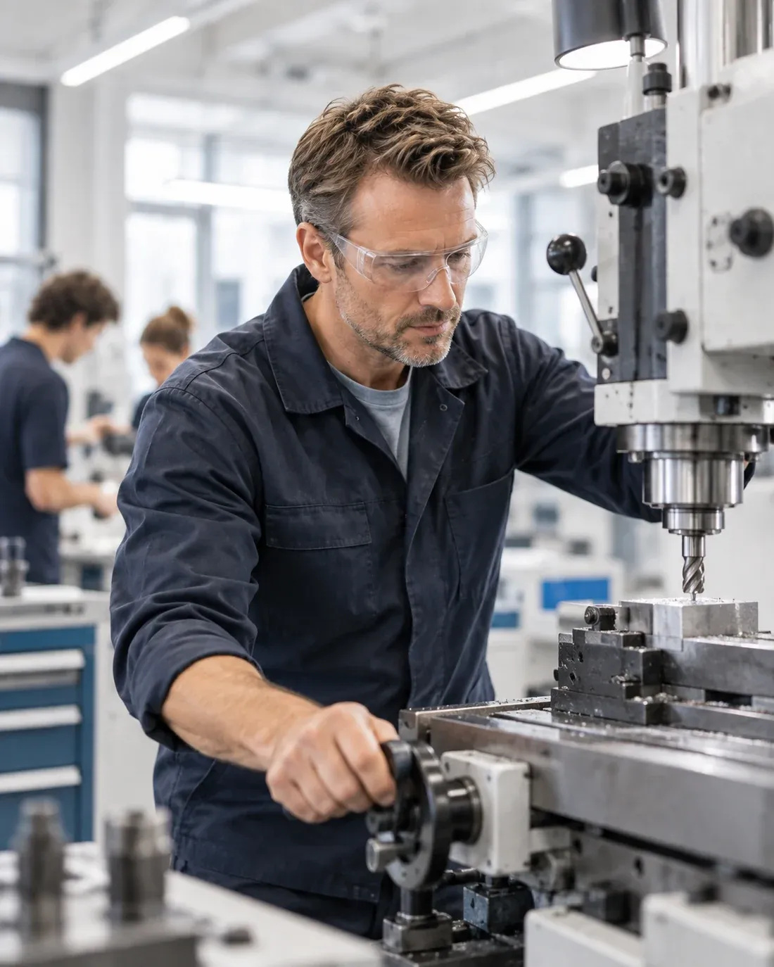 Ervaren technicus werkt geconcentreerd aan een machine in een moderne werkplaats