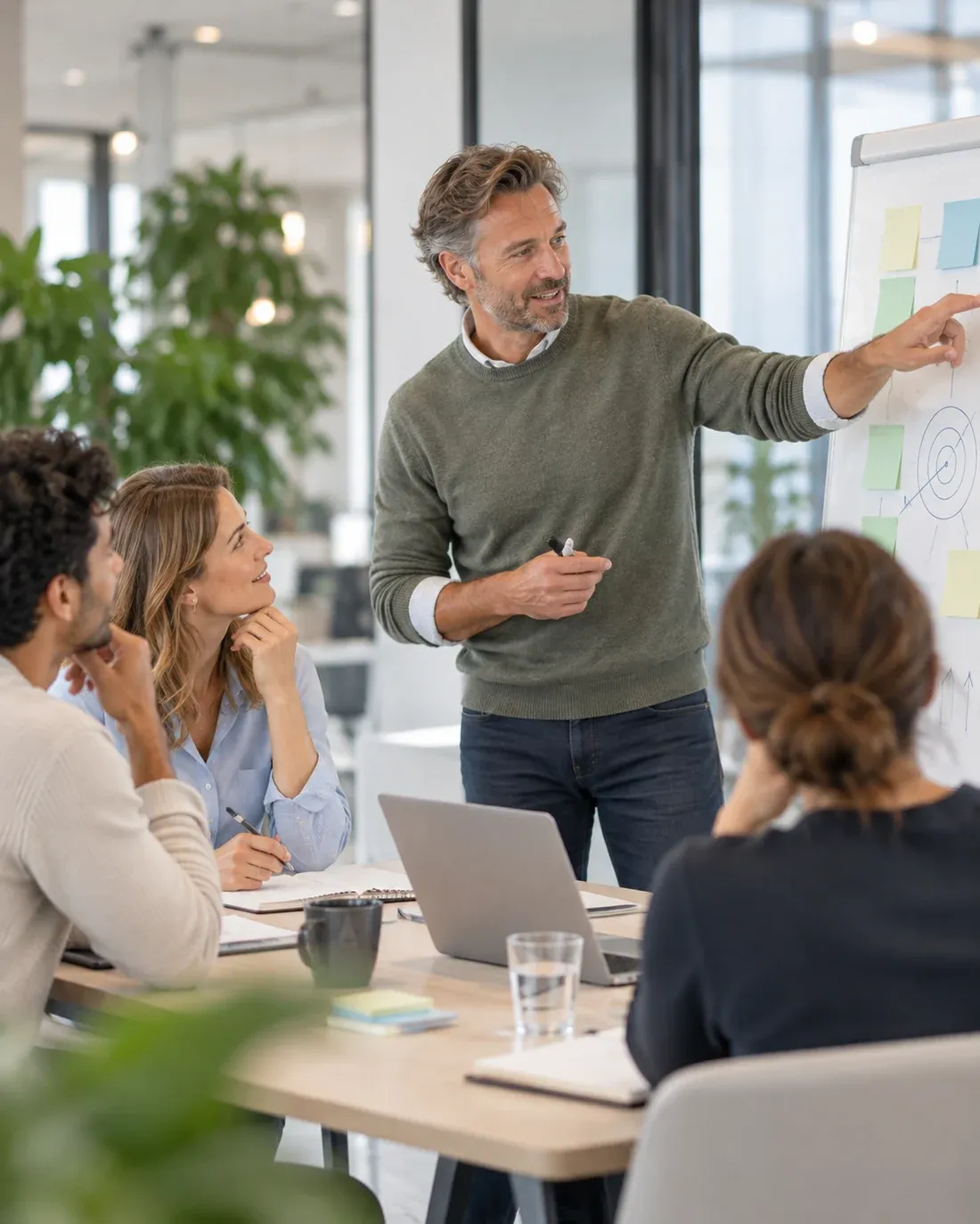 Trainer van rond de 45 begeleidt een actieve managementworkshop in een lichte werkruimte