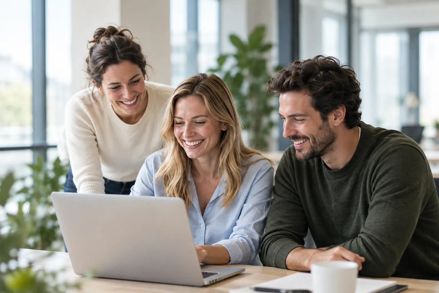 Drie collega’s bekijken samen Taxvrij op een laptop