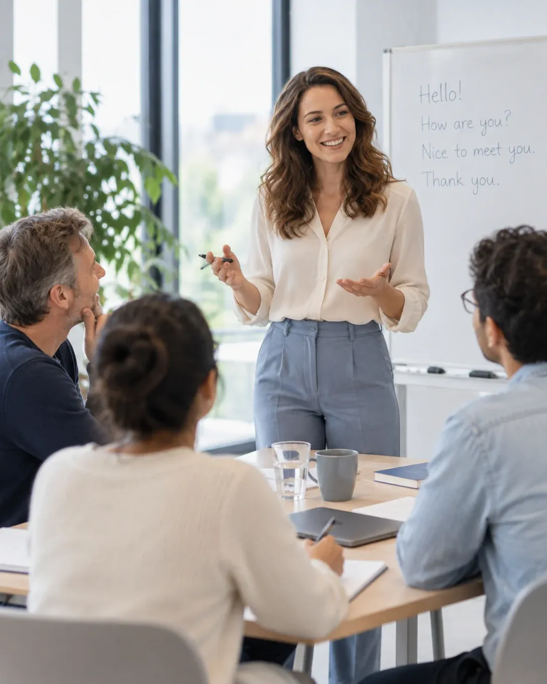 Docent geeft een vriendelijke Engelse les aan volwassenen in een modern lokaal