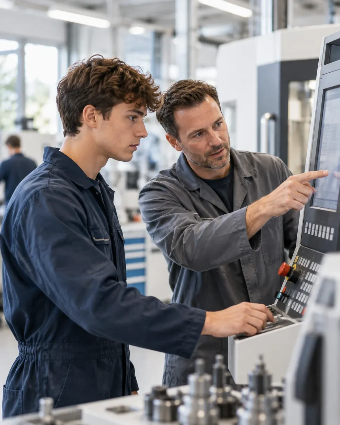 Vaktrainer legt een CNC-bedieningspaneel uit aan een jongere deelnemer