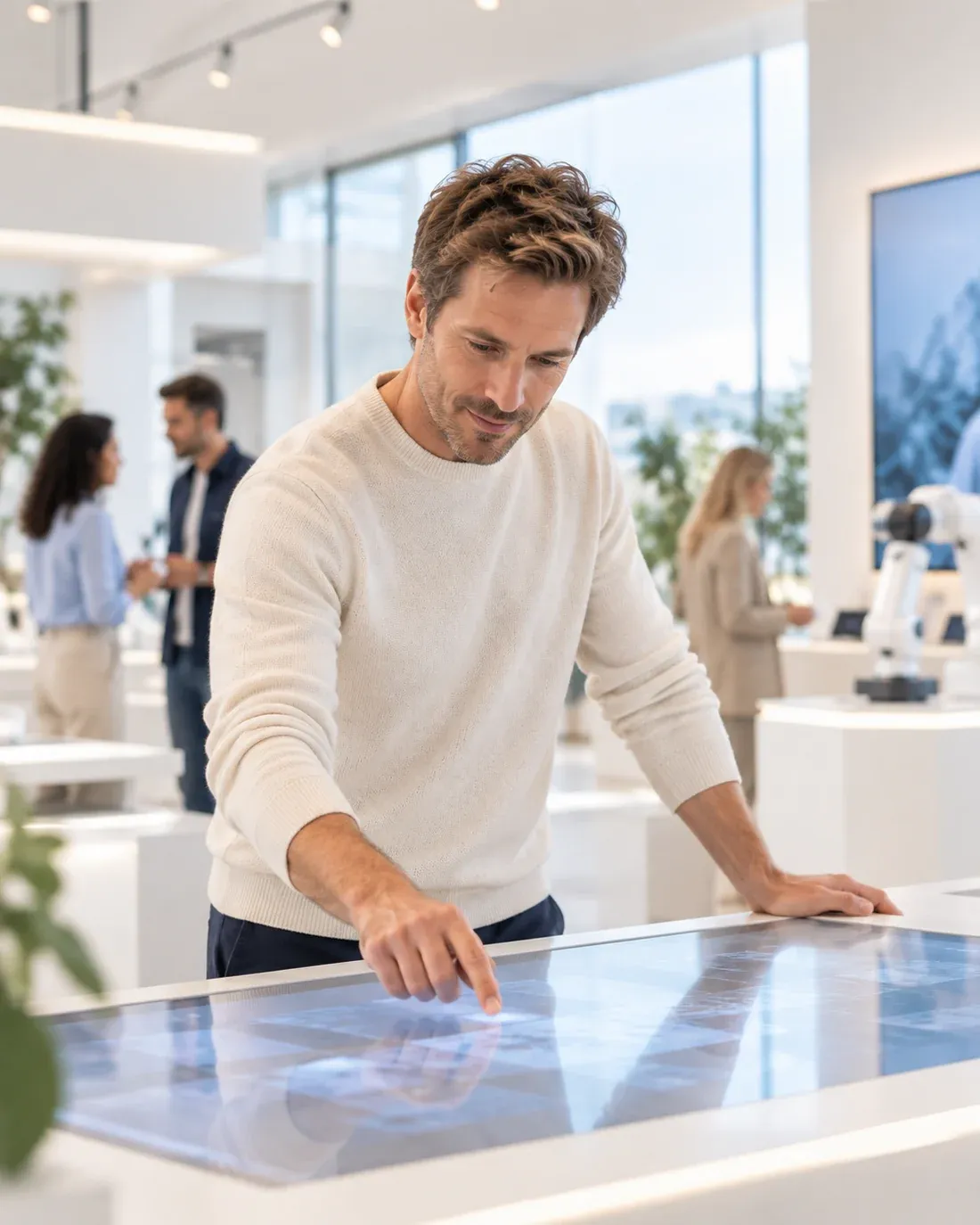 Professional van rond de 40 verkent AI en digitale tools in een lichte interactieve showroom