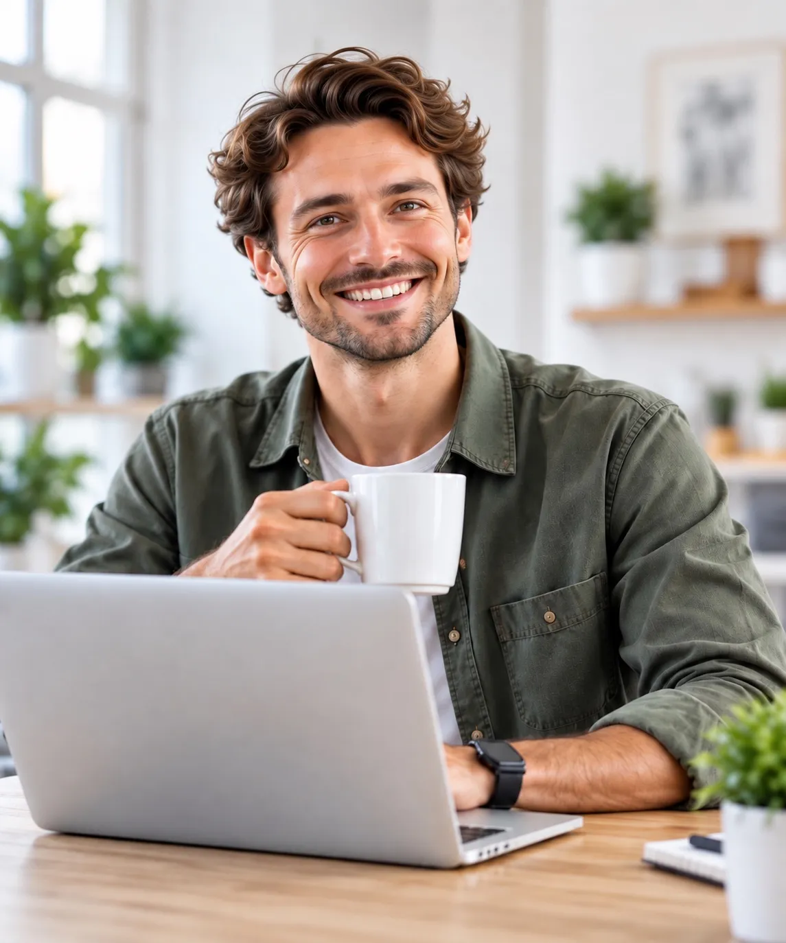 Tim met een kop koffie achter zijn laptop