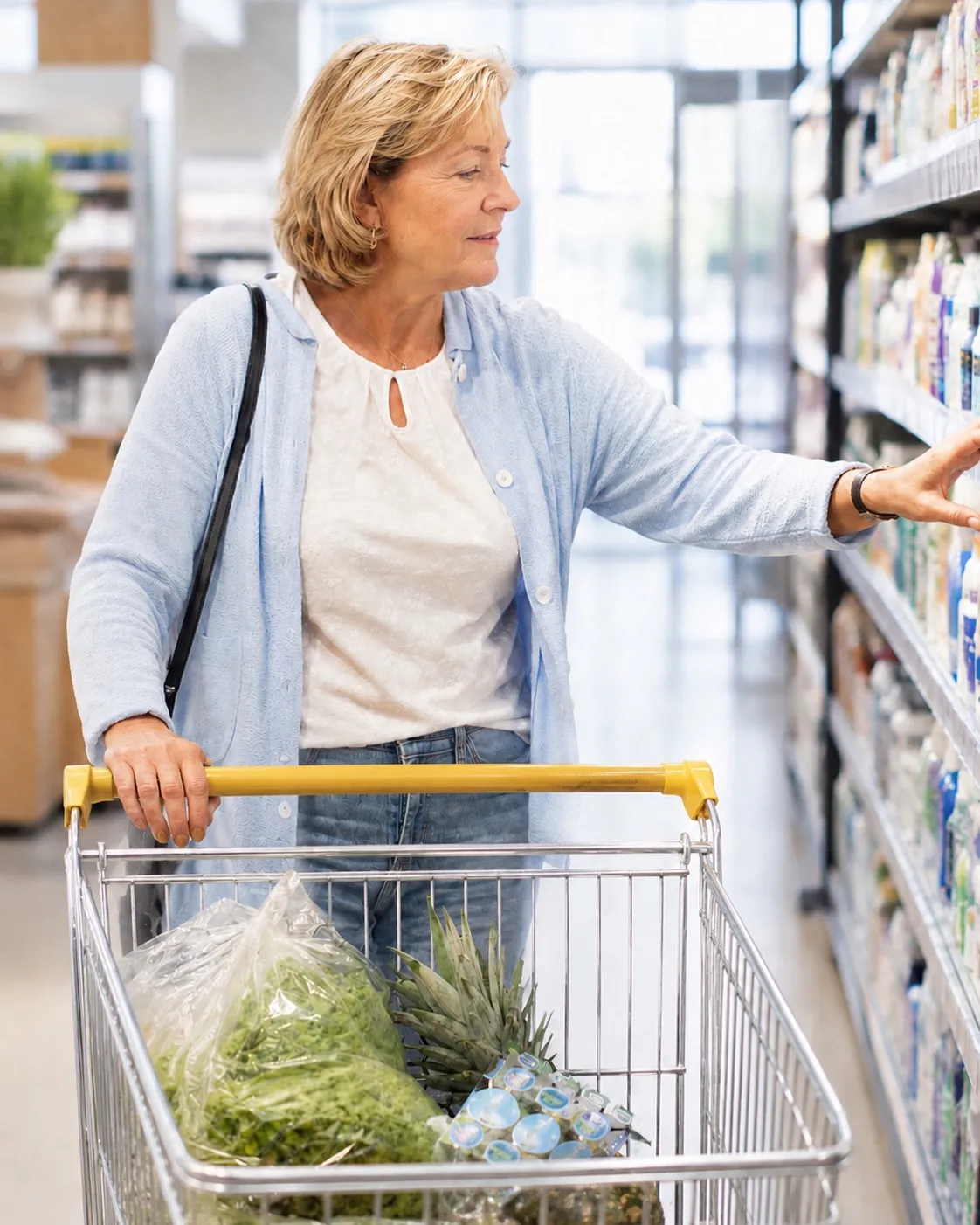 Vrouw doet boodschappen in supermarkt